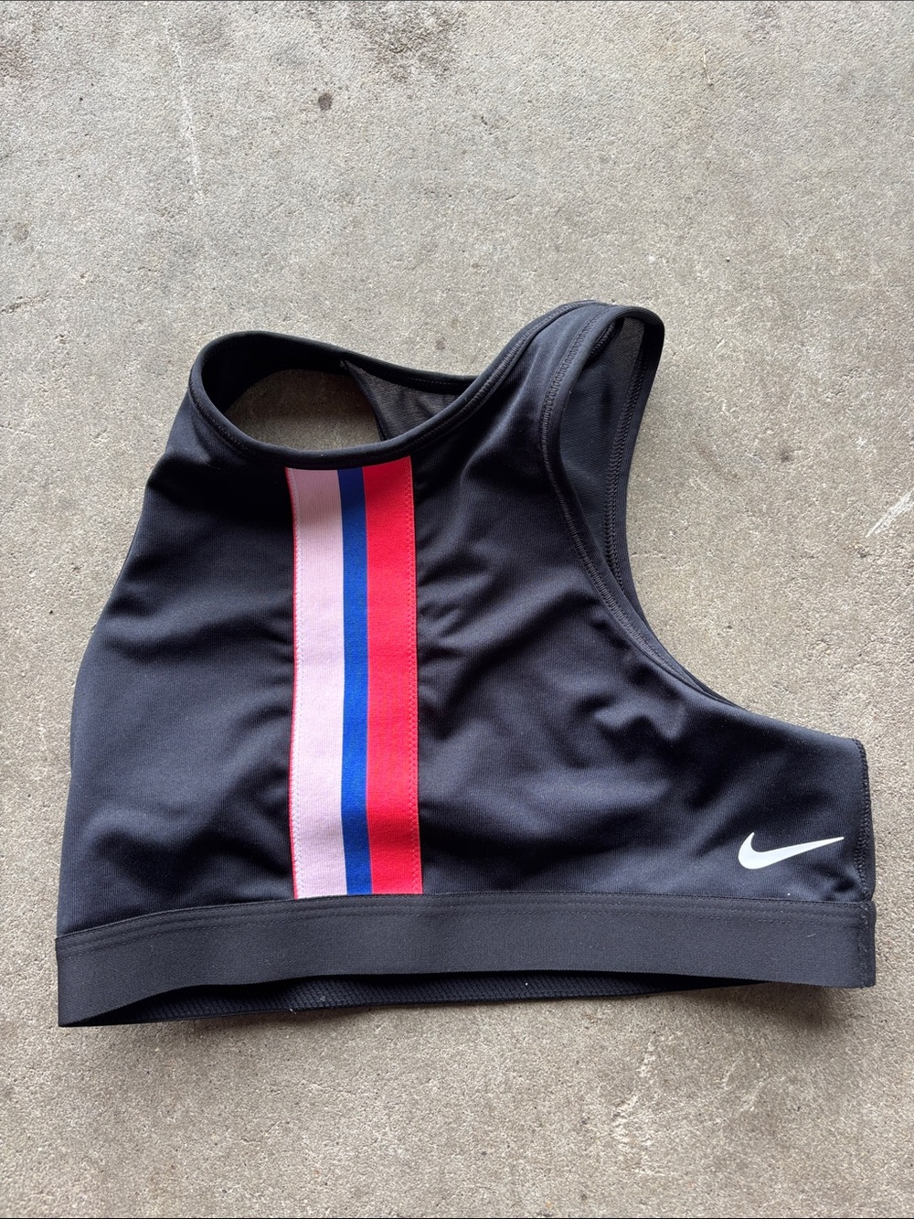 Nike Black High Neck Sports Bra with Pink and Blue Stripes